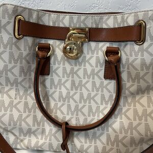Michael‎ Kors Hamilton Vanilla Brown Signature PVC Leather Large Handbag 14 x 12